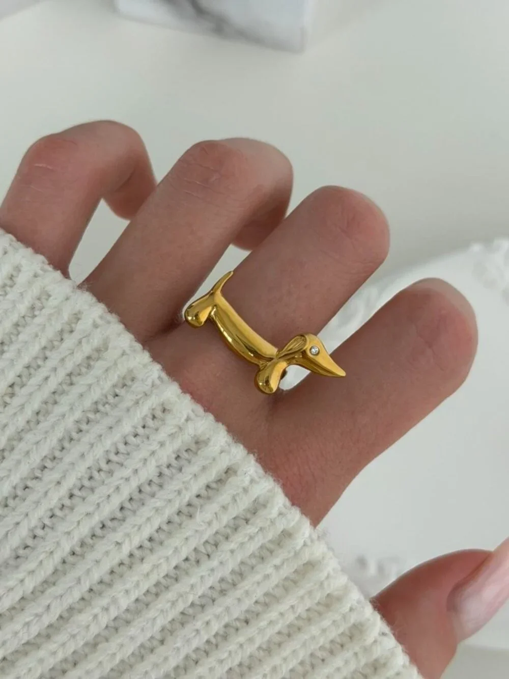 Sku:0623 Gold ring dachshund diamond eye stainless steel Adjustable + gift box